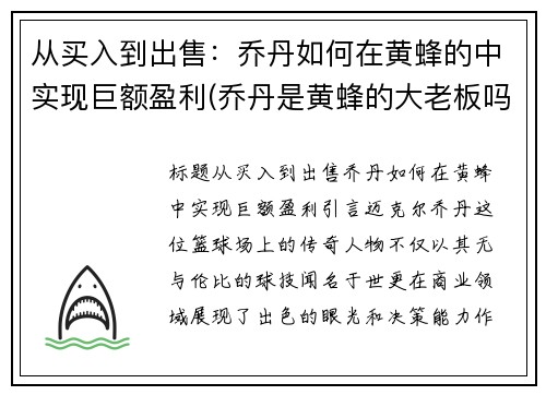 从买入到出售：乔丹如何在黄蜂的中实现巨额盈利(乔丹是黄蜂的大老板吗)