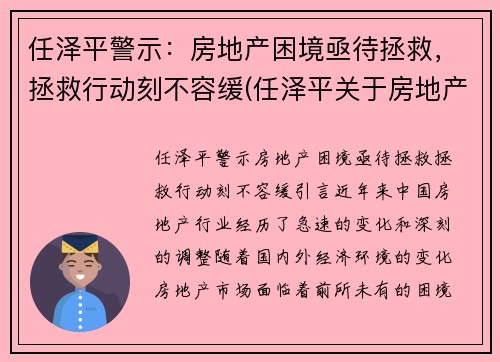 任泽平警示：房地产困境亟待拯救，拯救行动刻不容缓(任泽平关于房地产)