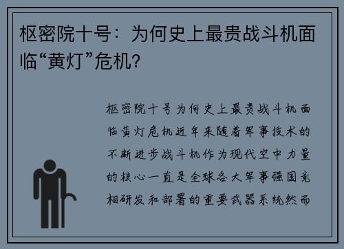 枢密院十号：为何史上最贵战斗机面临“黄灯”危机？