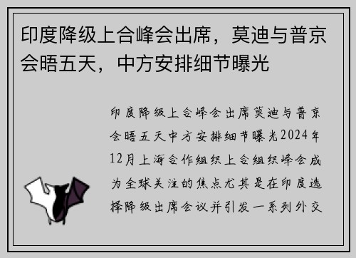 印度降级上合峰会出席，莫迪与普京会晤五天，中方安排细节曝光