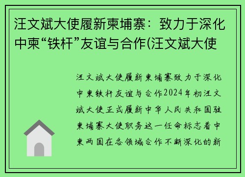 汪文斌大使履新柬埔寨：致力于深化中柬“铁杆”友谊与合作(汪文斌大使年轻照片)